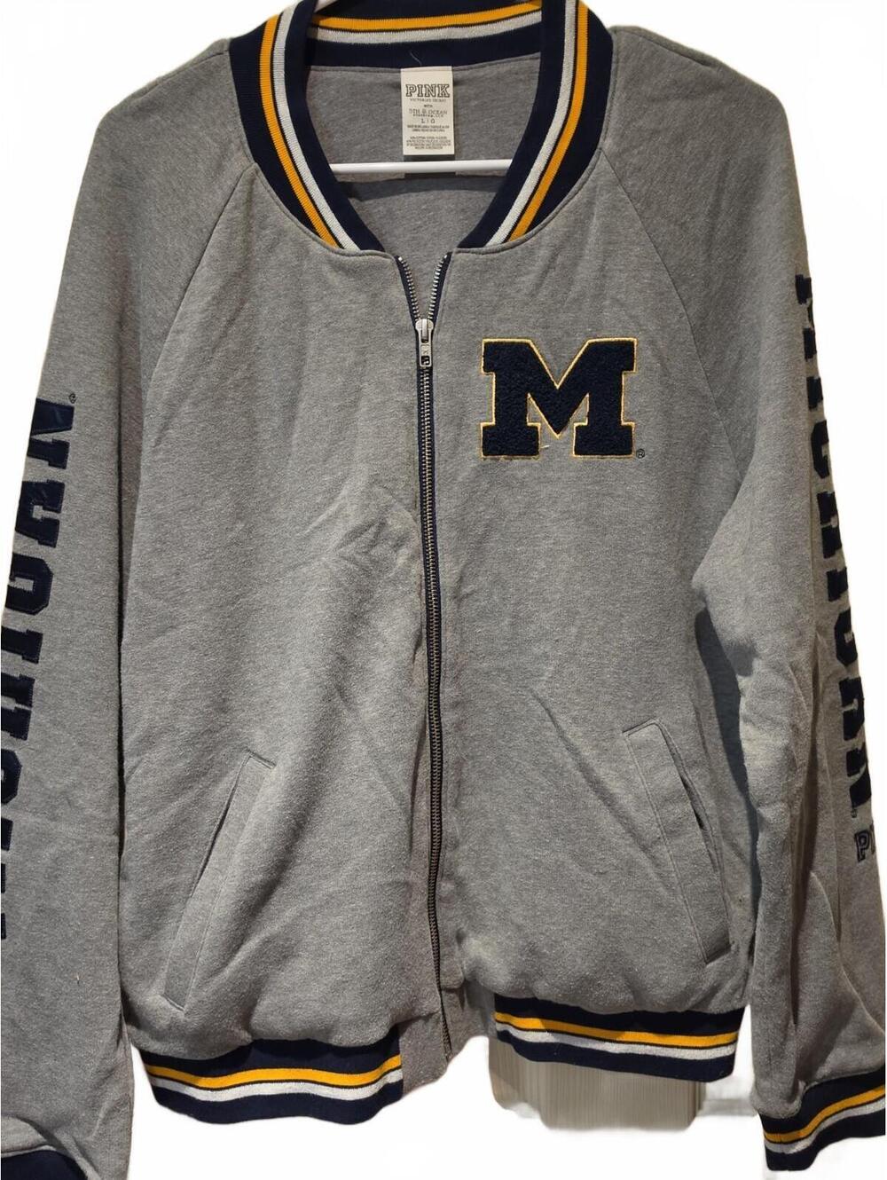 PINK by VS University Of Michigan Wolverines Gray Full Zip Varsity Jacket Size L